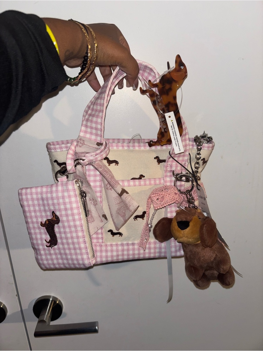 Madden Girl Pink Gingham Tote with Dachshund Embroidery and Plush Charm